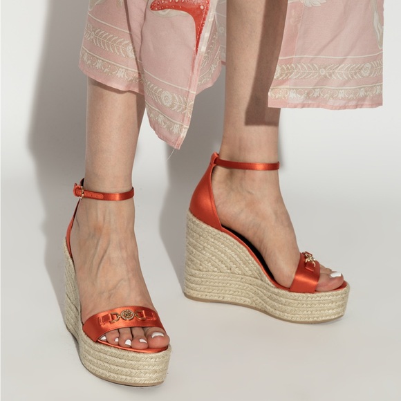 Versace Satin Coral Orange 95 Medusa Espadrille Wedges - Picture 3 of 5
